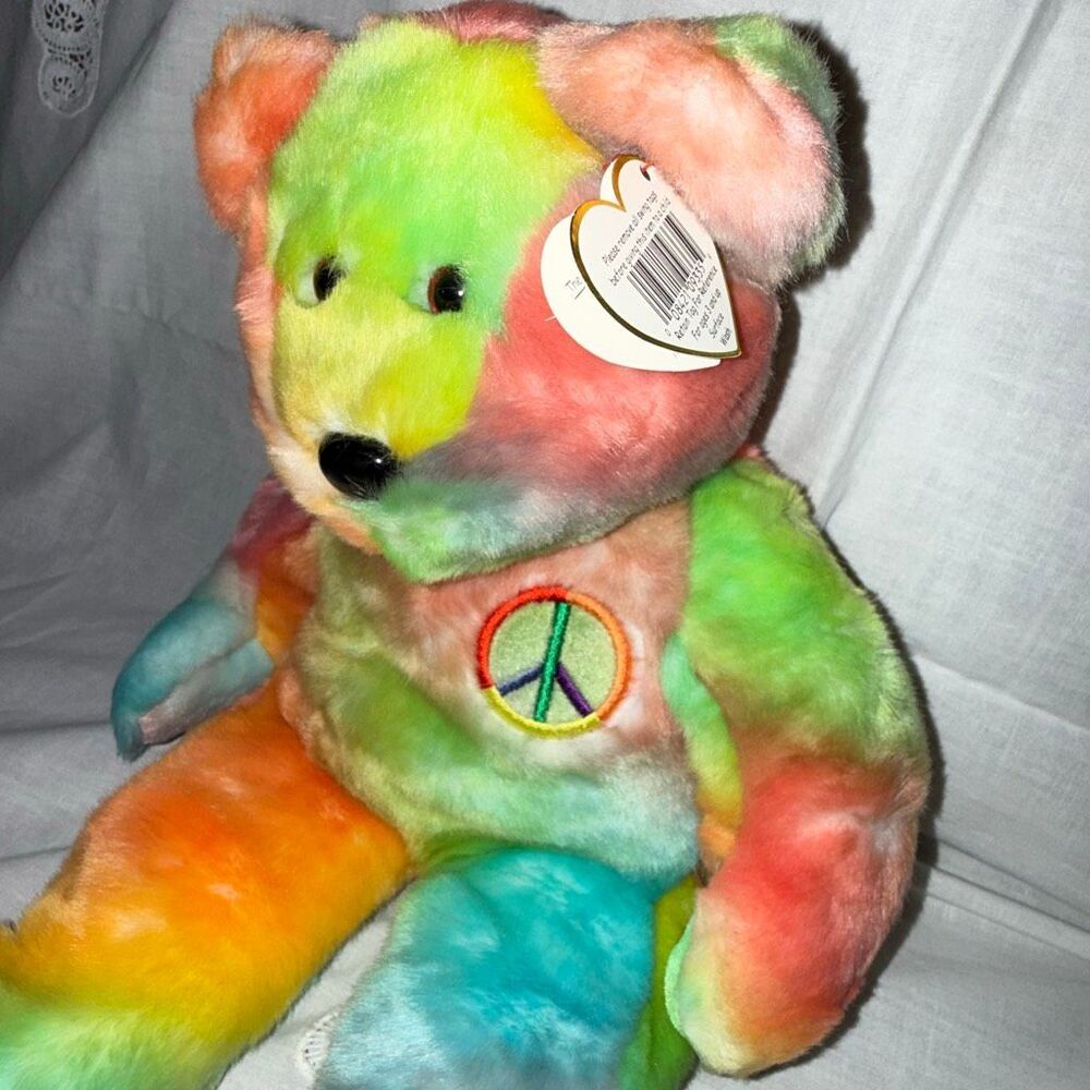 TY Beanie Buddy Peace Bear 1999 15” Large Rainbow Tie-Dye Plush | Embroidered Pe